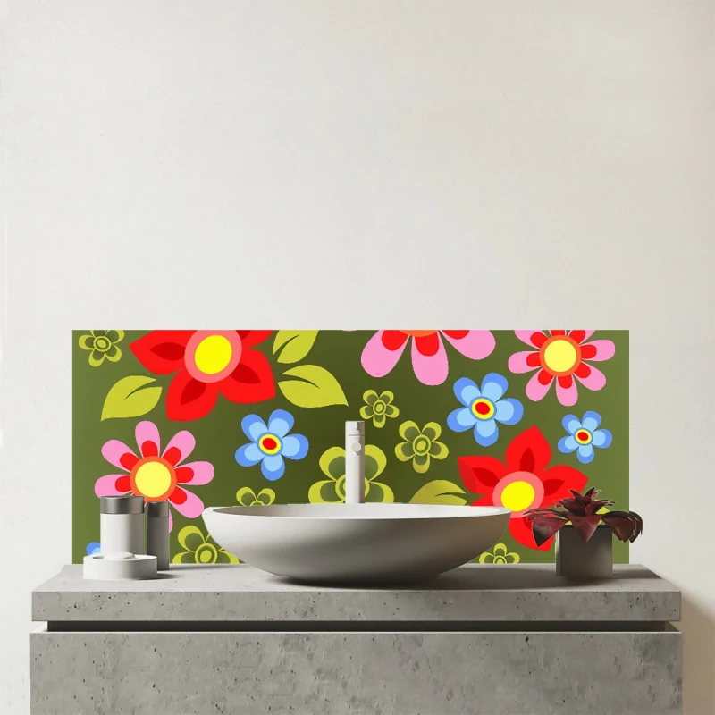 Image of Warren Reed - Designer Red & Blue Flowers Glass Bathroom Splashback in Green Green Unisex