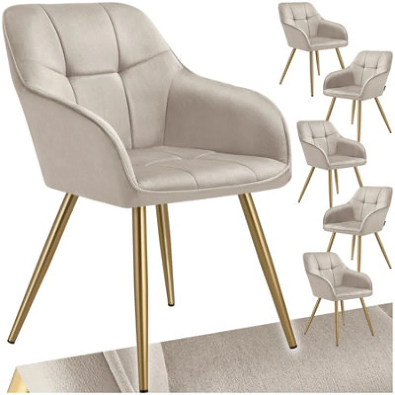 Image of Tectake Set Of 6 Chair Marilyn - Quilted Velvet Look, Continuous Backrest, Golden Steel Legs - Taupe/gold