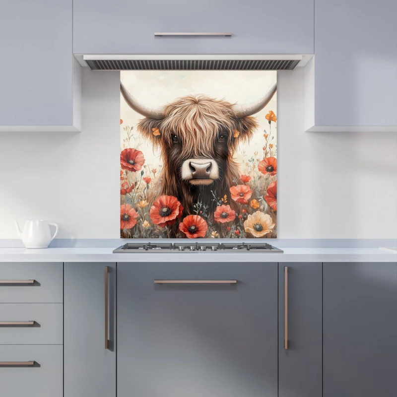 Image of Warren Reed - Designer Highland Cow & Summer Flowers Kitchen Splashback Size: 700mm x 750mm Multicolor Unisex 700mm x 750mm