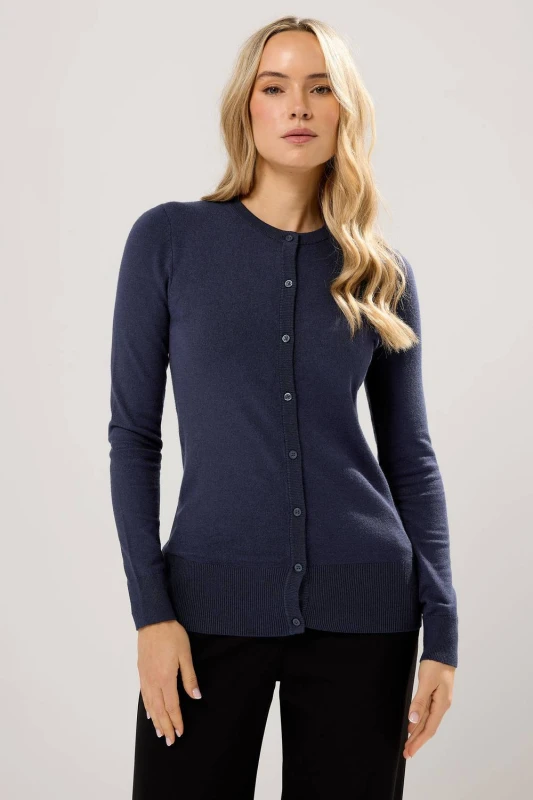 Image of Long Tall Sally Womens Tall Crew Neck Button Cardigan in Dark Navy Size: 8-10 Dark Navy Female 8-10