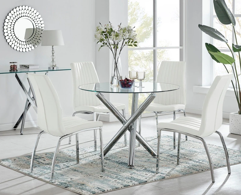 Image of FurnitureboxUK FurnitureboxUK Selina Round Glass Chrome Leg Dining Table and Isco Chairs in Off White Size: 4 Person Off White 4 Person Unisex 50565