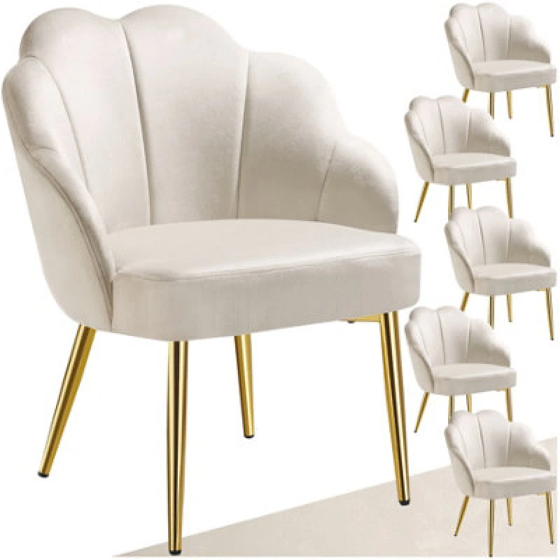 Image of Tectake Set Of 6 Accent Chair Hellen - Velvet Cover, Padded, Extra-Wide Shell-Shaped Backrest - Cream/gold