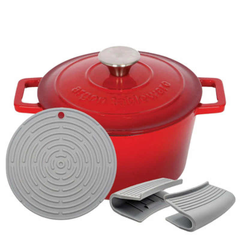 Image of Argon Tableware Round Cast Iron Casserole Dish - 2.8L Red Enamel Finish, Oven Safe Dutch Oven Cookware With Lid