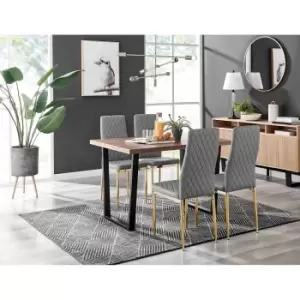 Image of Furniture Box Kylo Brown Wood Effect Dining Table and 4 Grey Milan Gold Leg Chairs