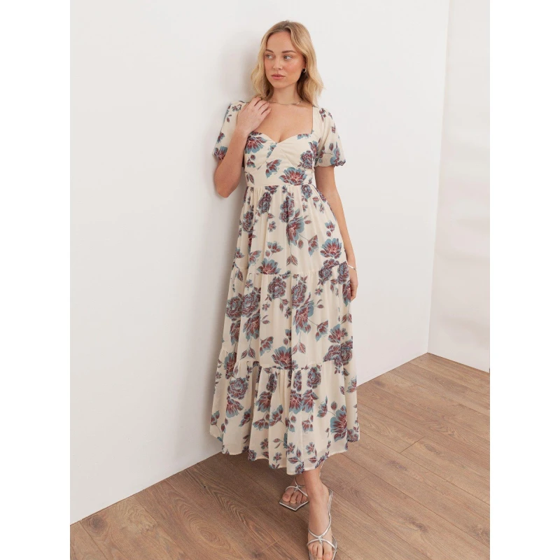 Image of Anaya with Love Womens Floral Sweetheart Neck Puff Sleeve Midaxi Dress in Cream Size: 16 Cream Female 16