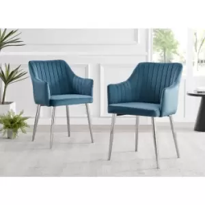 Image of Calla Blue Velvet Dining Chairs with Silver Chrome Legs (Set of 2)