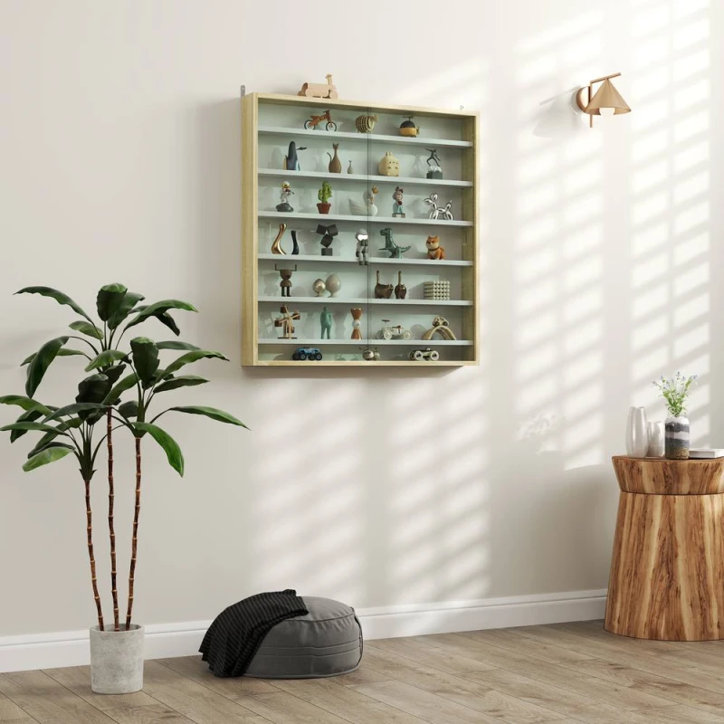 Image of HOMCOM 7-Tier Wall Display Cabinet w/ Adjustable Shelves Glass Doors in Light Brown Size: Large Light Brown Unisex Large