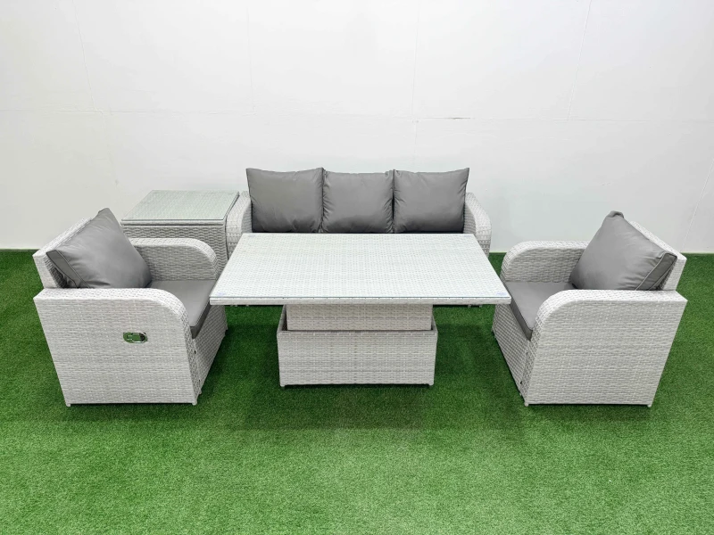 Image of Fimous PE Rattan Garden Furniture Set Reclining Chair Sofa Lounge Sofa Set Adjustable Lifting Dining or Coffee Table Side Table Light Grey Light Grey
