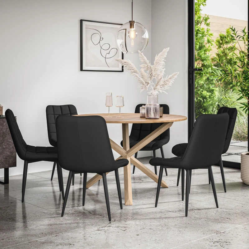 Image of More4Homes Malvern Round Dining Table And Chairs - Oak Table Top W Solid Oak Legs + Nova Faux Leather Dining Chair Set Of 6 (Black)