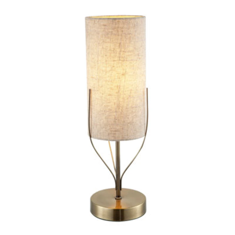 Image of Happy Homewares Sleek Antique Brass Metal Table Lamp With Cylindrical Linen Shade