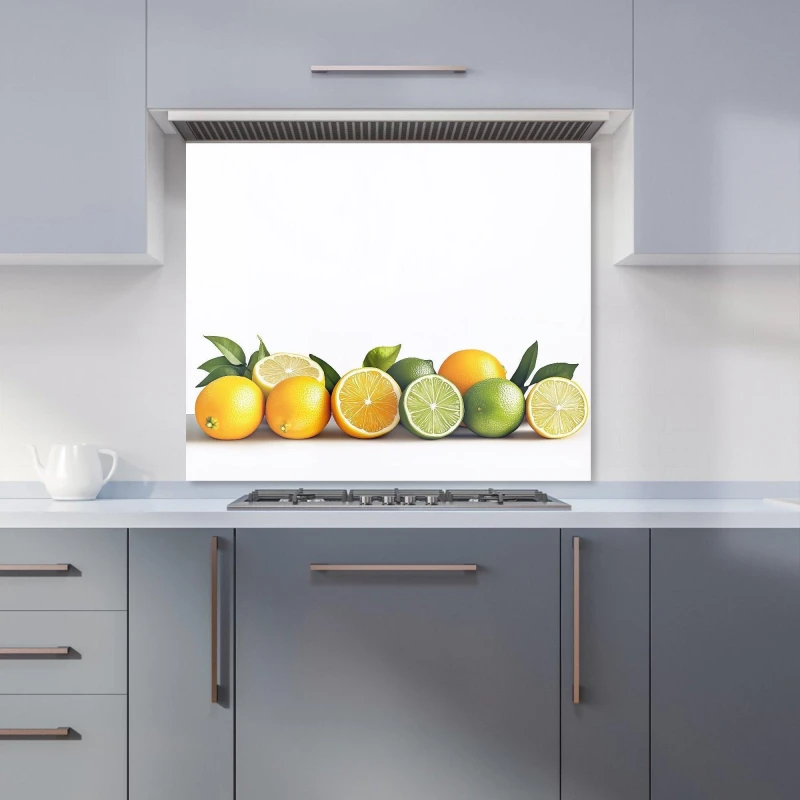 Image of Warren Reed - Designer Citrus Parade on White Kitchen Splashback in Purple Size: 700mm x 650mm Purple Unisex 700mm x 650mm