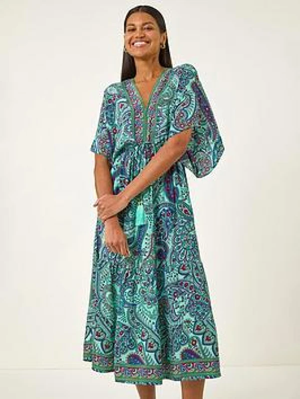 Image of Roman Womens Paisley Print V-Neck Midi Dress in Mint Size: 18 Mint Female 18