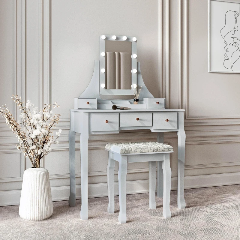 Image of CARME HOME Arianna Deluxe Grey Dressing Table with Hollywood Mirror Lights Grey Unisex