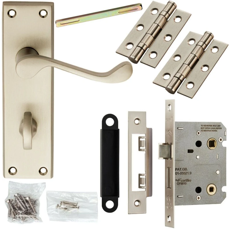 Image of Loops Door Handle & Bathroom Lock Pack Satin Chrome Victorian Scroll Bar Backplate Multi
