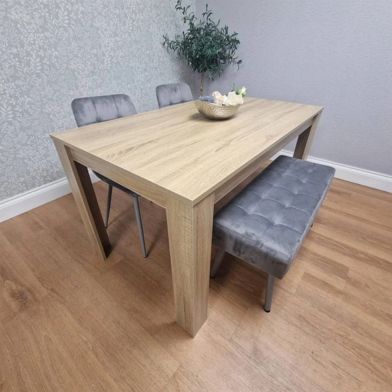 Image of KOSY KOALA KOSY KOALA Dining Table With Bench Oak Effect Wood Table 2 Grey Velvet Chairs in Beige Beige One Size Unisex 5061055341376