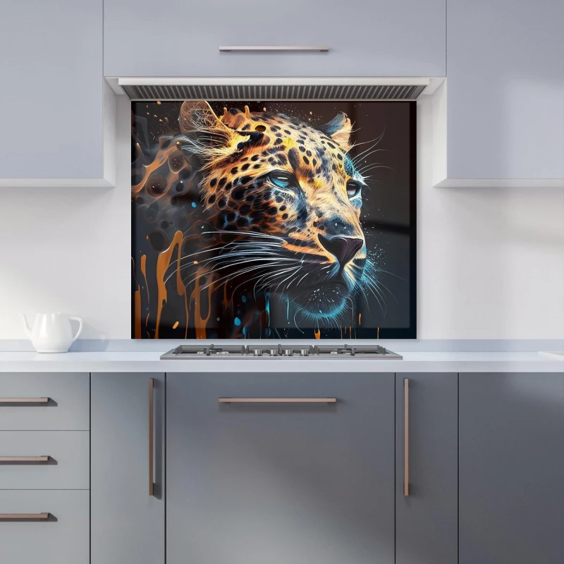 Image of Warren Reed - Designer Leapoard Face Splashart, Dark Background Kitchen Splashback in Yellow Size: 900mm x 650mm Yellow Unisex 900mm x 650mm