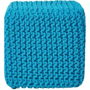 Image of Teal Blue Cube Cotton Knitted Pouffe Footstool - Teal Blue - Homescapes