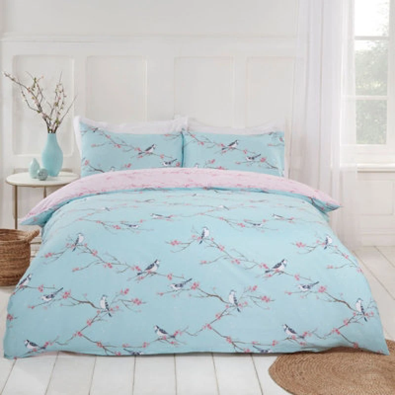 Image of OHS OHS Blossom Bird Reversible Duvet Cover with Pillowcase Bedding Set in Duck Egg Blue Size: Double Duck Egg Blue Double Unisex 5027434126637