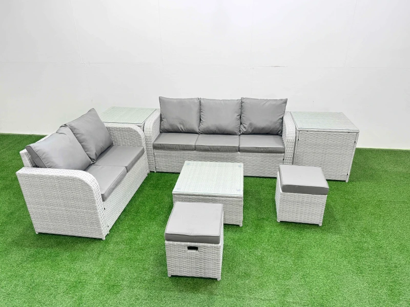 Image of Fimous 7 Seater PE Rattan Wicker Garden Furniture Patio Conservatory Sofa Set with Square Coffee Table 3 Seater Sofa Love Sofa 2 Stools 2 Side Table L
