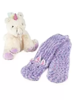 Image of TOTES Unicorn Plush And Super Soft Slipper Box Set - Green, Cream
