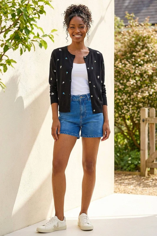 Image of Roman Womens Floral Embroidered Knit Cardigan in Black Size: 14 Black Female 14