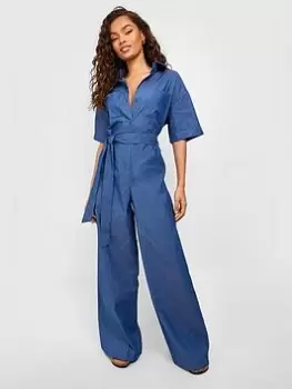 Image of Boohoo Short Sleeve Denim Boiler Suit - Indigo, Blue, Size 16, Women