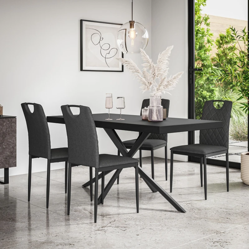 Image of More4Homes Donni Dining Table And Chairs - Black Table Top W Black Legs + Monza Linen Dining Chair Set Of 6 (Charcoal)