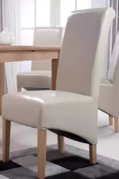 Image of Pair Of Ivory Leather Assembled Dining Room Chairs With Solid Wooden Legs