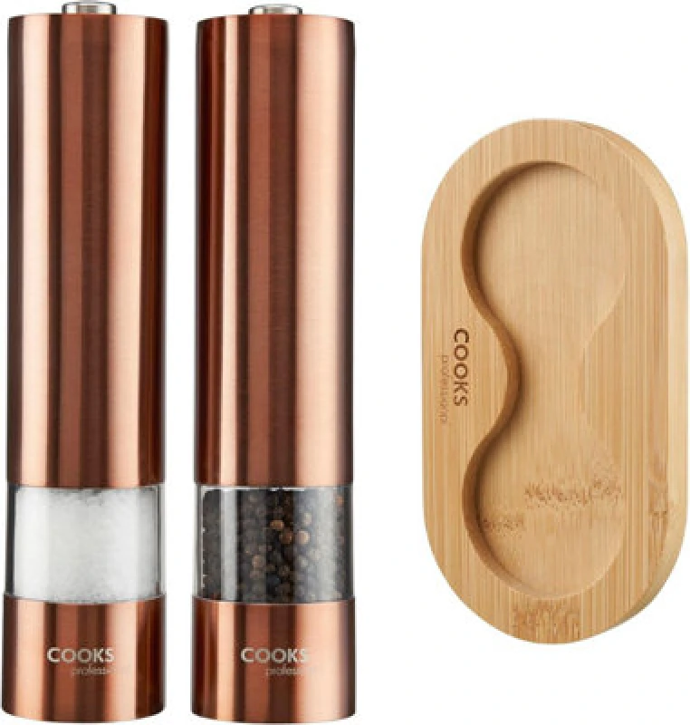 Image of Cooks Professional Electric Salt and Pepper Mill Grinder Set Shaker Automatic with Stand Copper Copper unisex