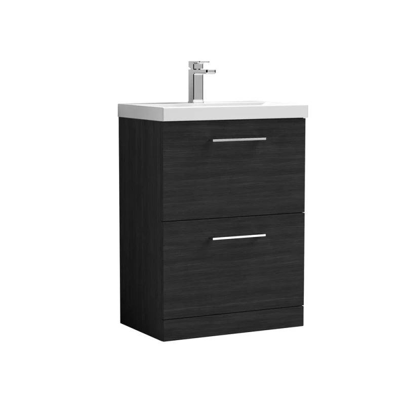 Image of Balterley Contemporary Bathroom Floor Standing 2 Soft-Close Drawer Vanity Unit & Mid-Edge Basin, Charcoal Black, 600 mm in Black Unisex