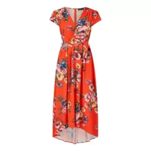 Image of Mela London Orange Floral Wrap Dip Hem Dress - Orange