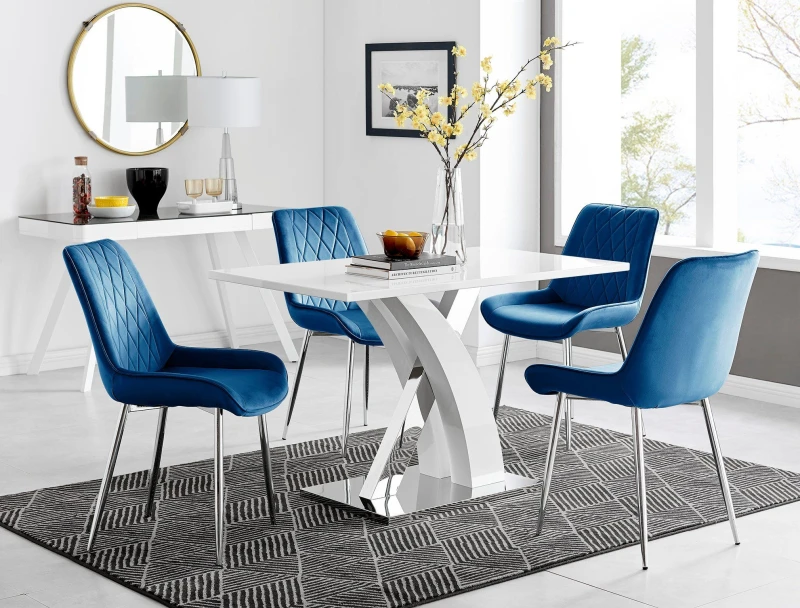 Image of FurnitureboxUK FurnitureboxUK Atlanta White High Gloss and Chrome 4 Seater Dining Table with X Shaped Legs and 4 Soft Velvet Pesaro Chairs in Navy Nav