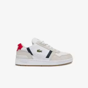 Image of Lacoste Mens T-Clip Tricolour Leather and Suede Trainers Size 6.5 UK White, Navy & Red