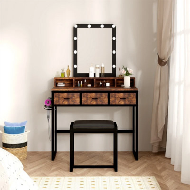 Image of Furniturehmd Vanity Set With LED Lighted Mirror, Makeup Vanity Table And Stool With 3 Drawers & Storage Compartments, Industrial R