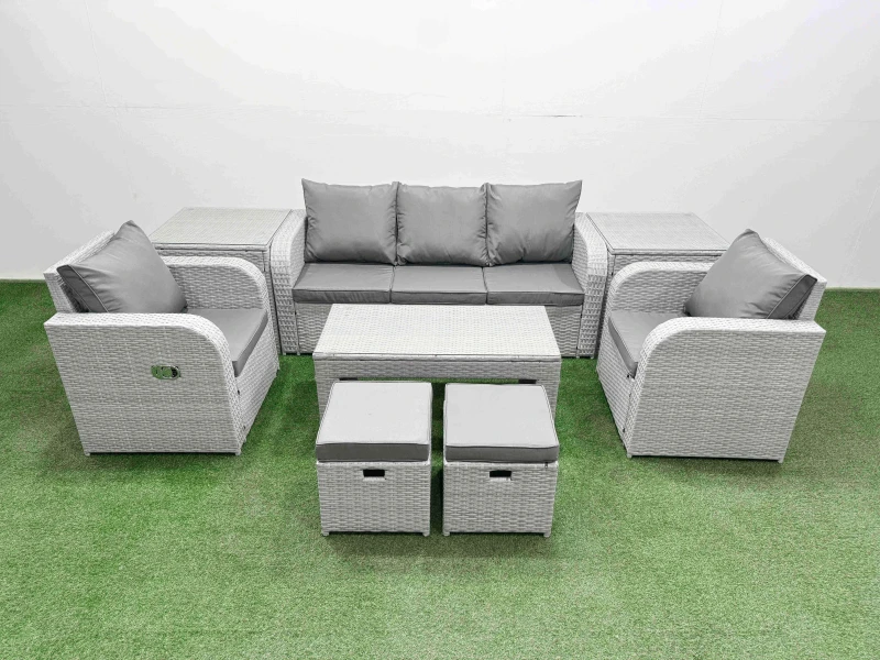 Image of Fimous PE Rattan Garden Furniture Set Reclining Chair Sofa Lounge Sofa Set Rectangular Coffee Table 2 Side Table 2 Small Stools Light Grey Light Grey