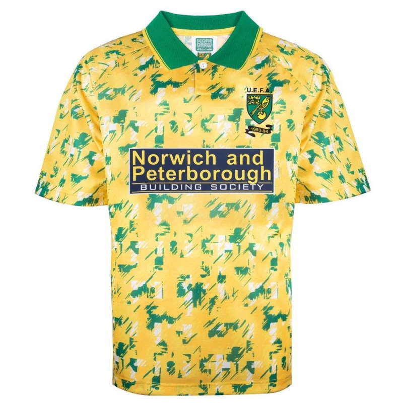 Image of Score Draw SD Norwich City Retro Home Shirt 1993 Adults Yellow/Green male S