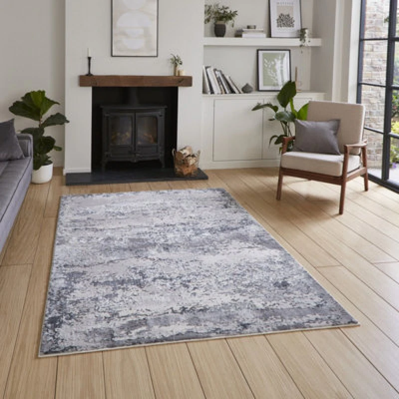 Image of Grey Modern Abstract Easy To Clean Dining Room Bedroom & Living Room Rug-120Cm X 170Cm