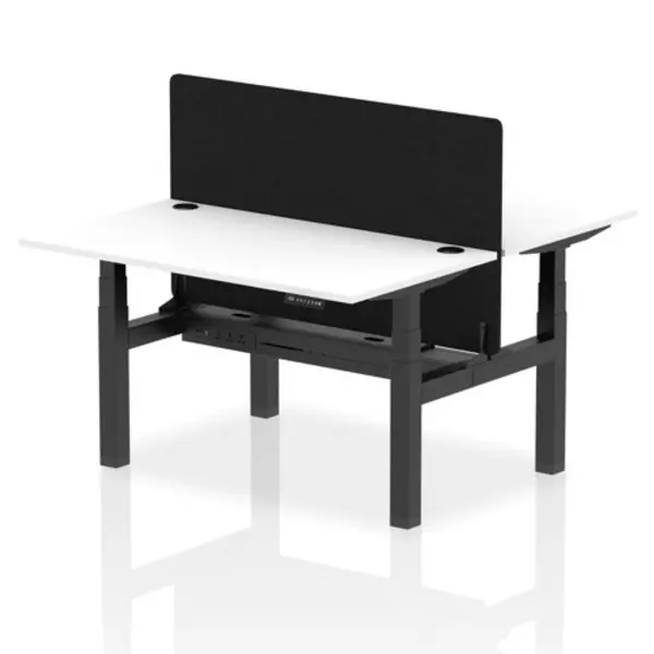 Image of Air Air Back-to-Back 1400 x 800mm Height Adjustable 2 Person Bench Desk White Top with Cable Ports Black Frame with Black Straight Screen HASCP2P1480