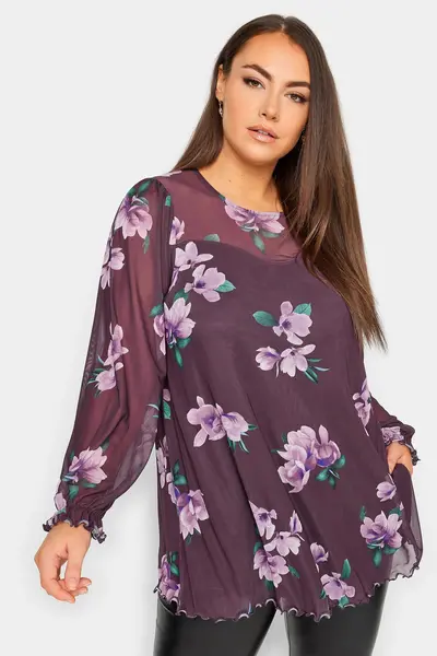 Image of Yours Mesh Floral Swing Top Purple