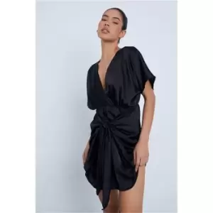 Image of I Saw It First Black Satin Wrap Front Tea Dress - Black