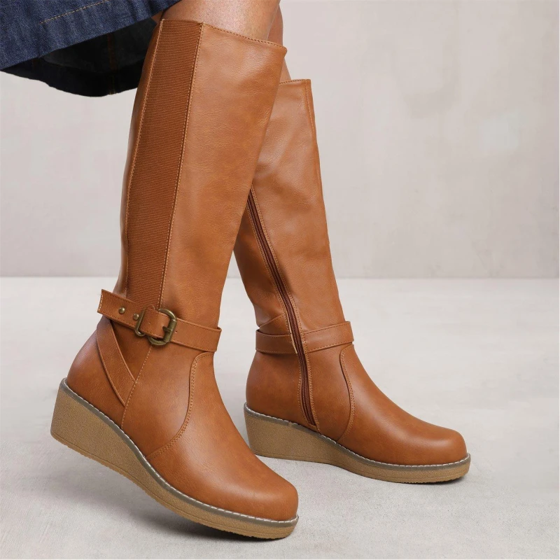 Image of Wheres That From Knee High Boots With Elastic Panel and Buckle Detail Tanpu female 8