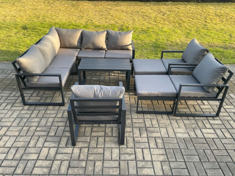 Image of Fimous 10 Seater Aluminium Outdoor Garden Furniture Set Patio Lounge Sofa with Oblong Coffee Table Chair 2 Big Footstools Dark Grey Dark Grey Unisex