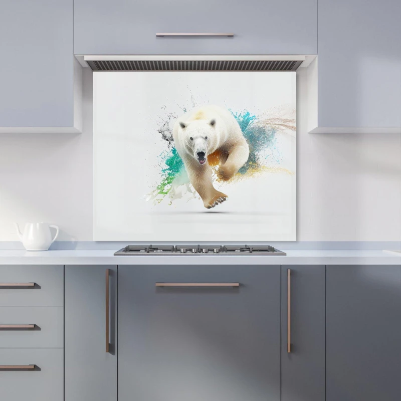 Image of Warren Reed - Designer Charging Polar Bear Kitchen Splashback in White Size: 700mm x 750mm White Unisex 700mm x 750mm