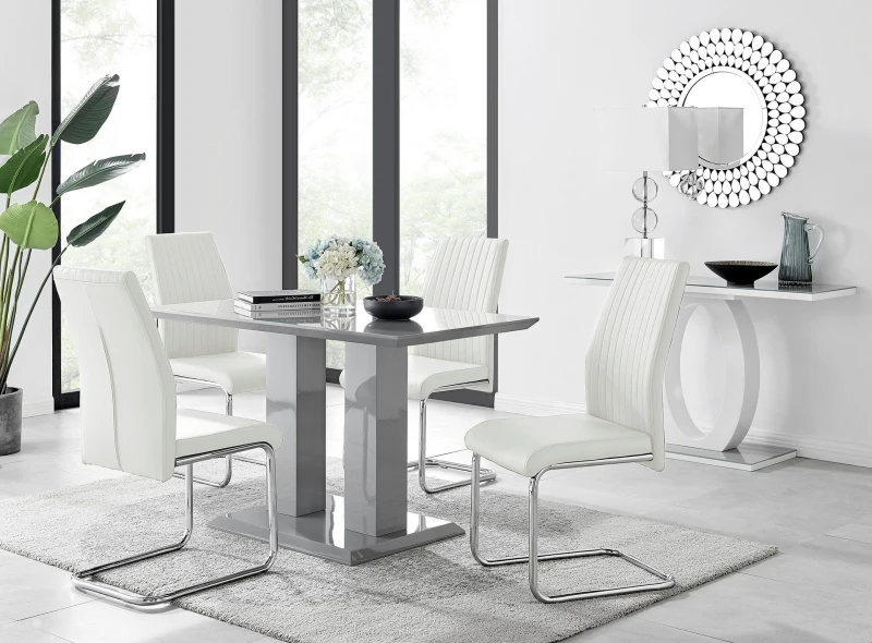 Image of FurnitureboxUK Imperia Grey High Gloss 4 Seater Dining Table with Structural 2 Plinth Column Legs 4 Soft Faux Leather Lorenzo Chairs in White White Un