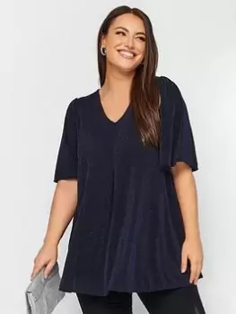 Image of Yours Yours Pleat Swing Angel Sleeve Top - Par, Blue, Size 14, Women