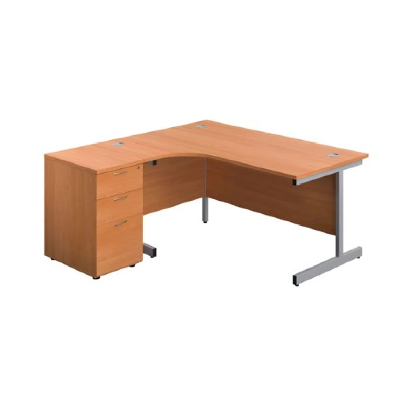 Image of First Radial Left Hand Desk with Pedestal 1600x800-1200mm Beech/Silver KF803256