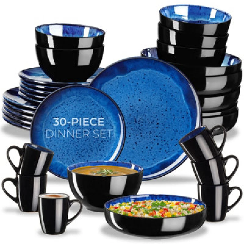 Image of Tectake 30 PC Dinner Set Mare In Glazed Stoneware For 6 People, Microwave- And Dishwasher-Safe - Blue