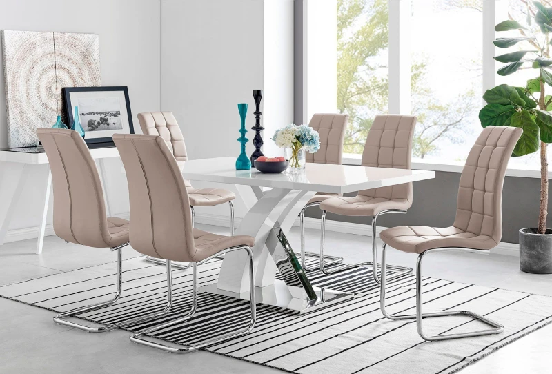 Image of FurnitureboxUK FurnitureboxUK Atlanta Modern Rectangle Chrome Metal High Gloss White Dining Table And 6 Murano Chairs Set in Beige Beige One Size Unis