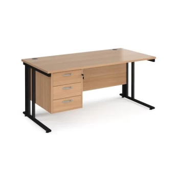 Image of Office Desk Rectangular Desk 1600mm With Pedestal Beech Top With Black Frame 800mm Depth Maestro 25 MCM16P3KB