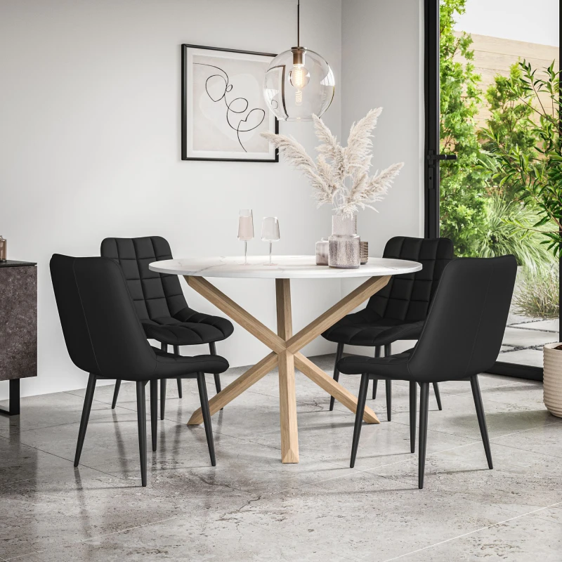 Image of More4Homes Malvern Round Dining Table And Chairs - Marble Table Top W Solid Oak Legs + Nova Faux Leather Dining Chair Set Of 4 (Black)